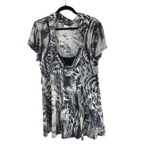 Yummy Plus Mini Dress Waterfall Scoop Neck Animal Print Gray Black 2X